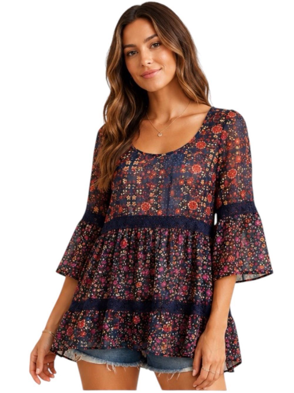Bandβof Gypsies XS Boho Floral Babydoll Mini Dress Bell Sleeve Cottagecore